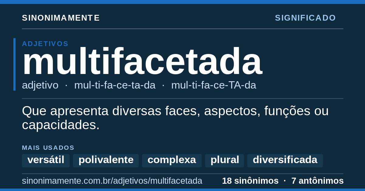 Significado de multifacetada: cartão do verbete com 18 sinônimos
