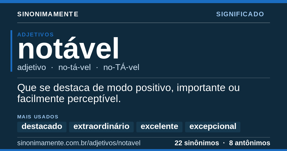 Significado de notável: cartão do verbete com 22 sinônimos