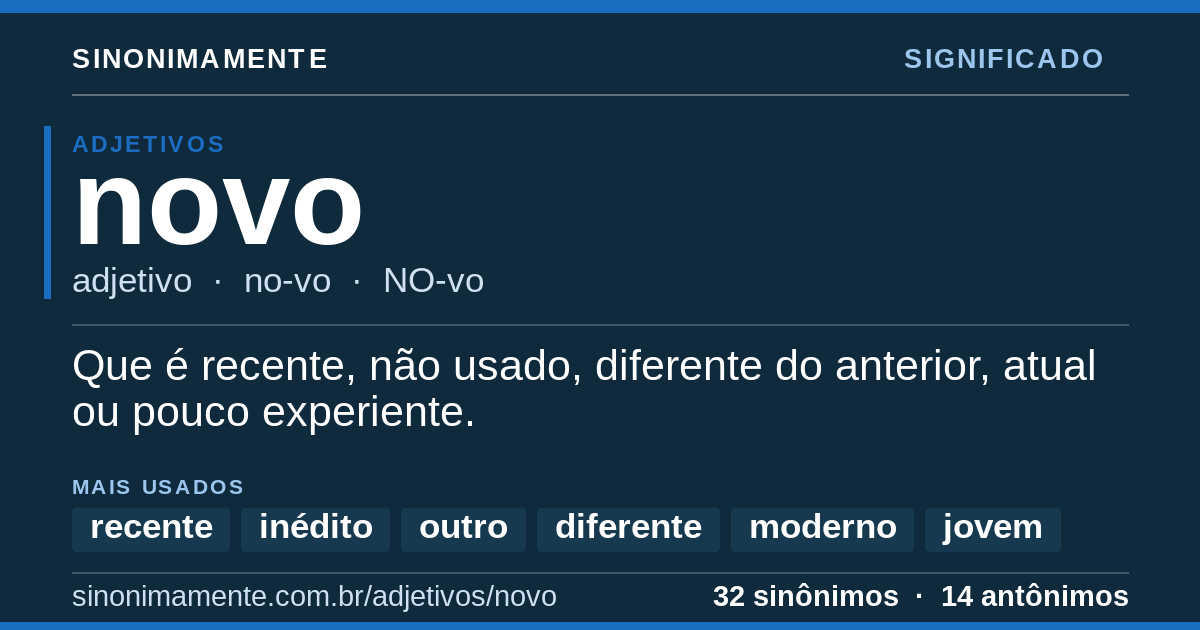 Significado de novo: cartão do verbete com 32 sinônimos
