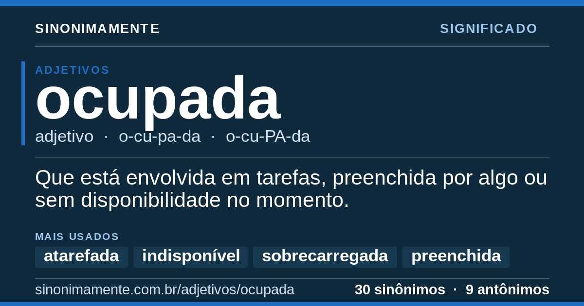 Significado de ocupada: cartão do verbete com 30 sinônimos