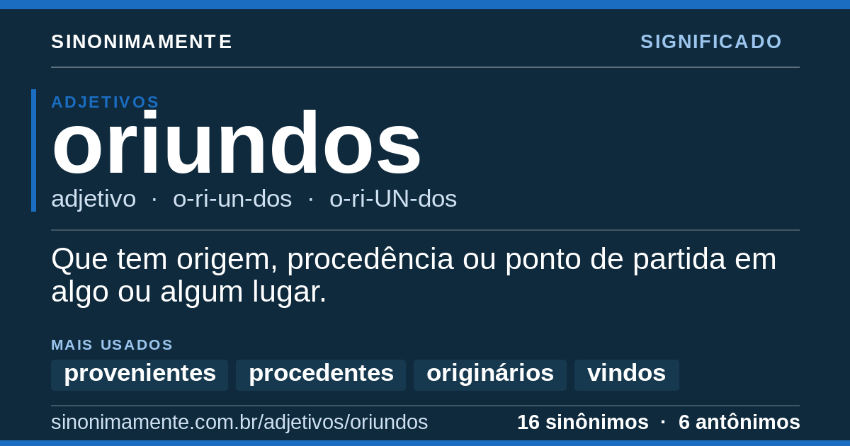 Significado de oriundos: cartão do verbete com 16 sinônimos