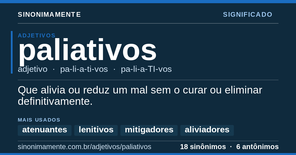 Significado de paliativos: cartão do verbete com 18 sinônimos