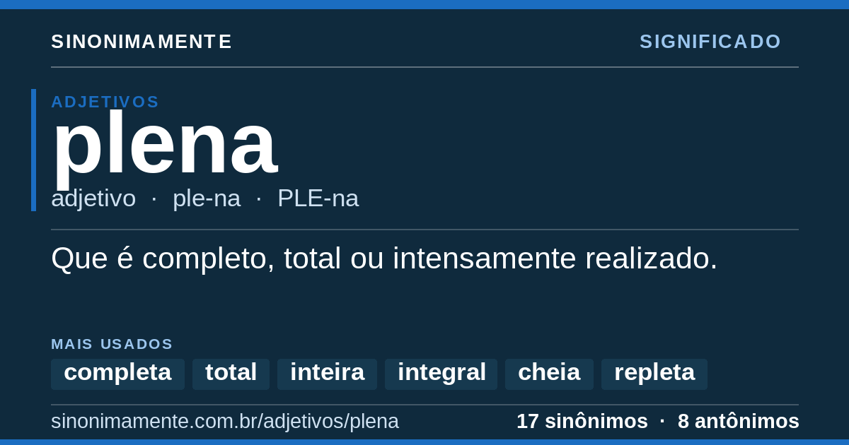 Significado de plena: cartão do verbete com 17 sinônimos