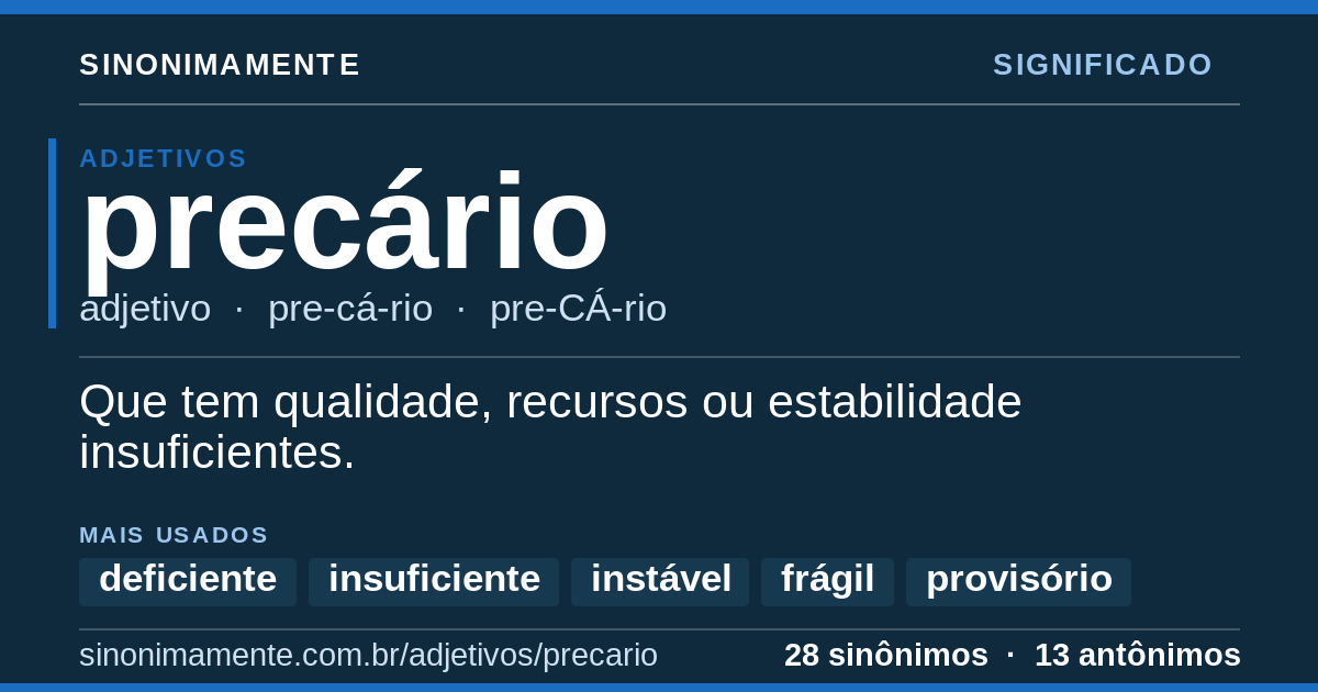 Significado de precário: cartão do verbete com 28 sinônimos