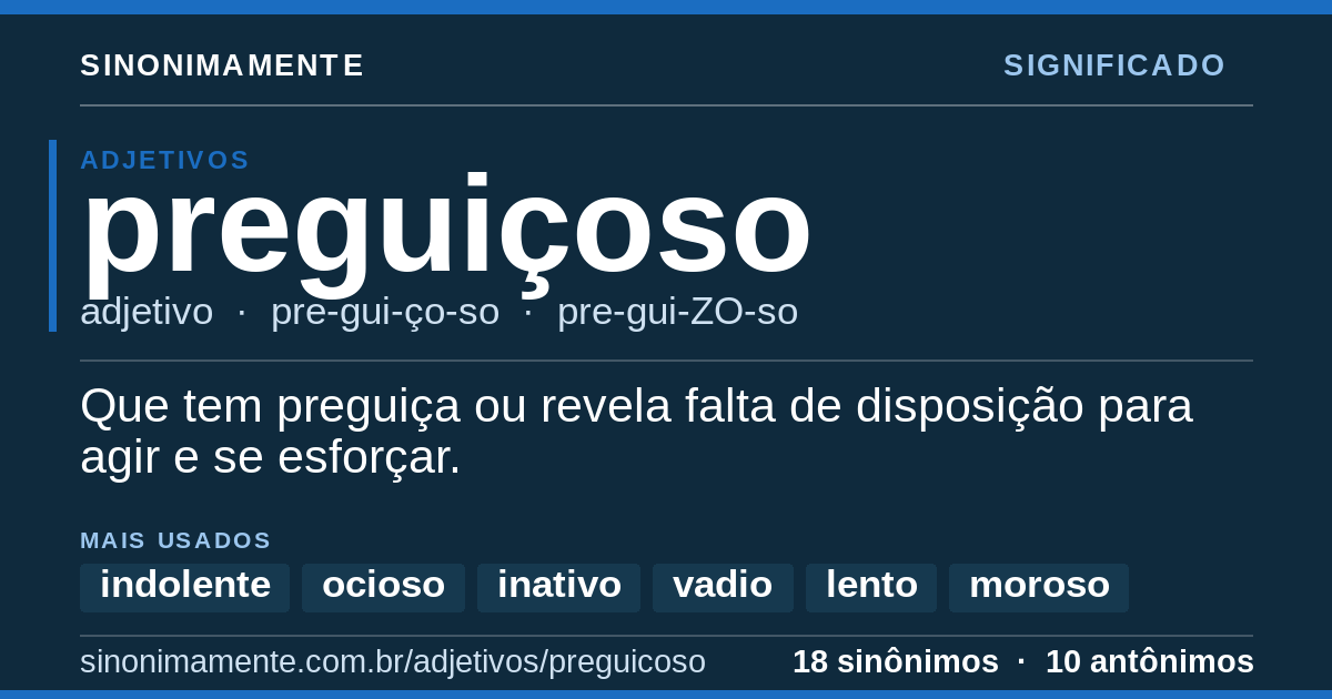 Significado de preguiçoso: cartão do verbete com 18 sinônimos