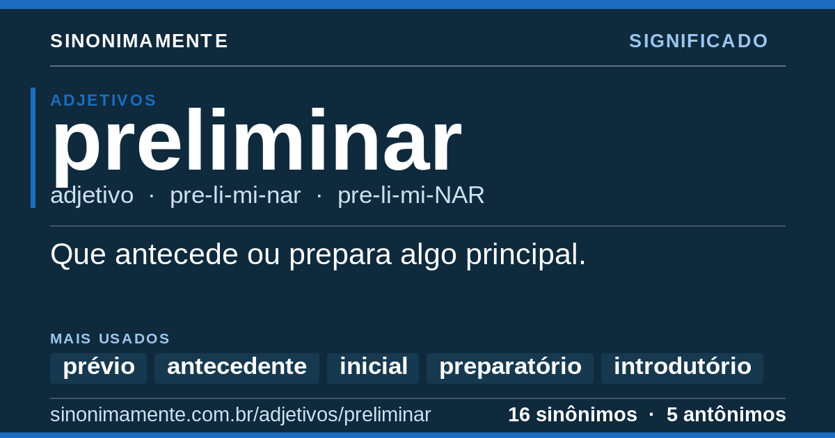 Significado de preliminar: cartão do verbete com 16 sinônimos