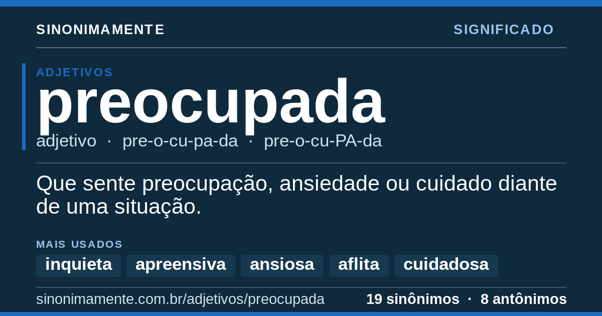 Significado de preocupada: cartão do verbete com 19 sinônimos
