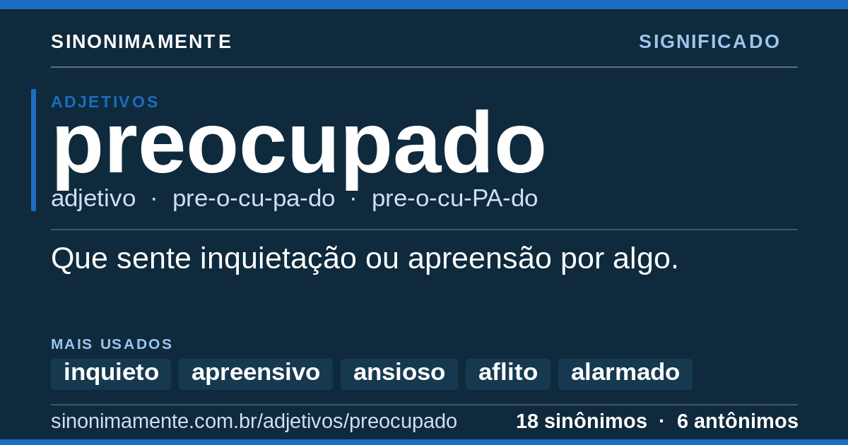 Significado de preocupado: cartão do verbete com 18 sinônimos