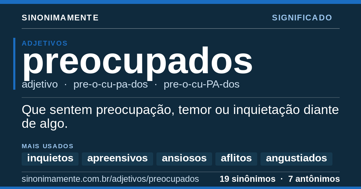 Significado de preocupados: cartão do verbete com 19 sinônimos