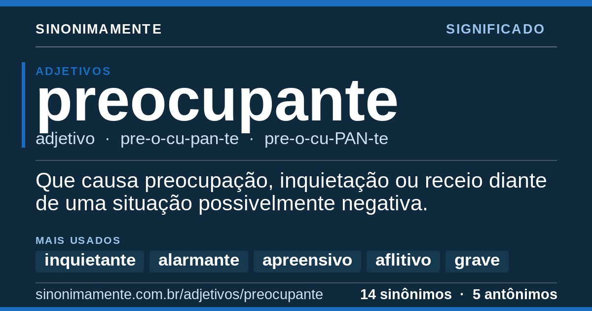 Significado de preocupante: cartão do verbete com 14 sinônimos
