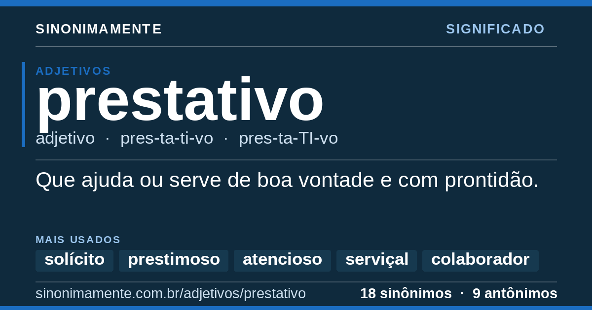 Significado de prestativo: cartão do verbete com 18 sinônimos