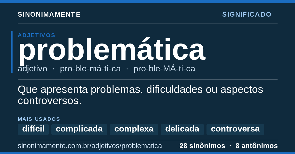 Significado de problemática: cartão do verbete com 28 sinônimos