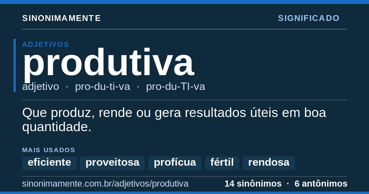 Significado de produtiva: cartão do verbete com 14 sinônimos