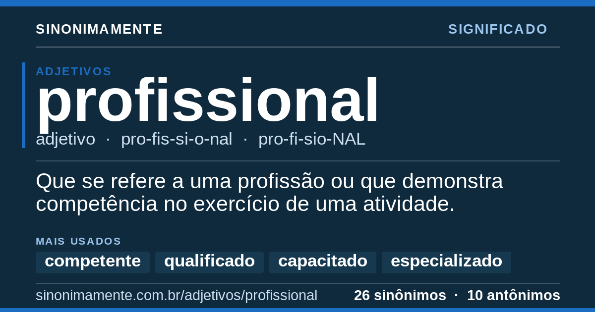 Significado de profissional: cartão do verbete com 26 sinônimos