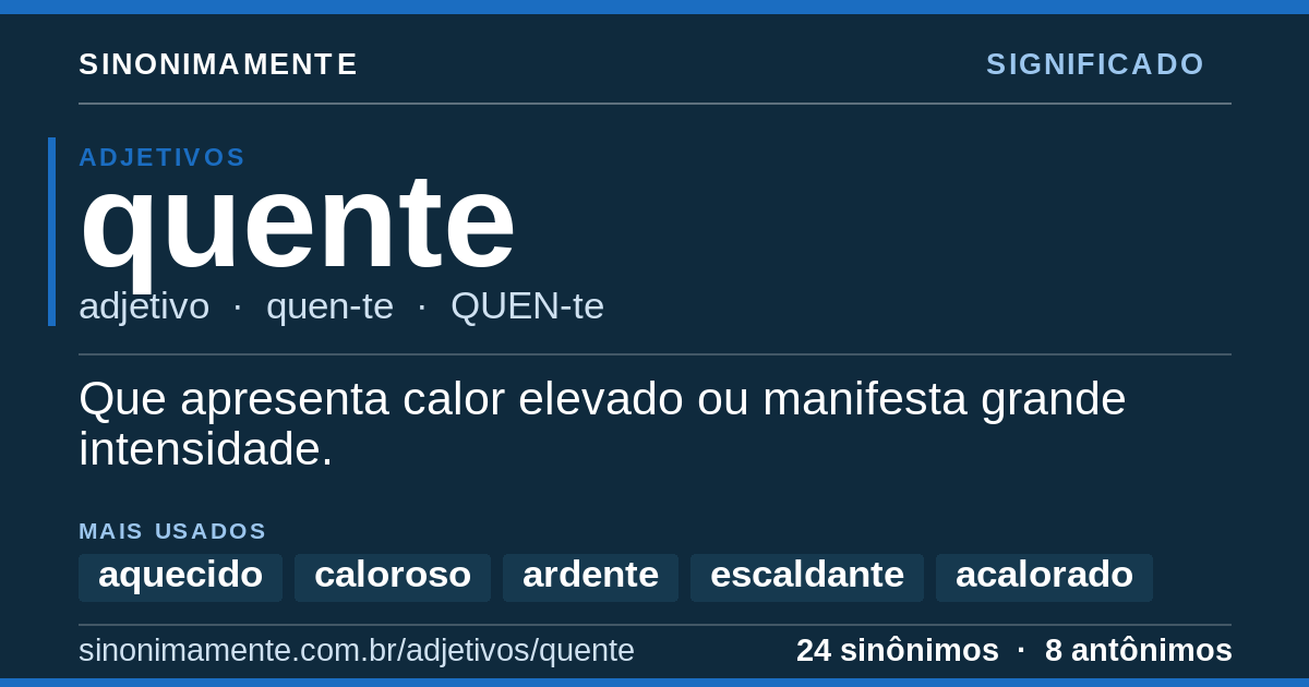 Significado de quente: cartão do verbete com 24 sinônimos
