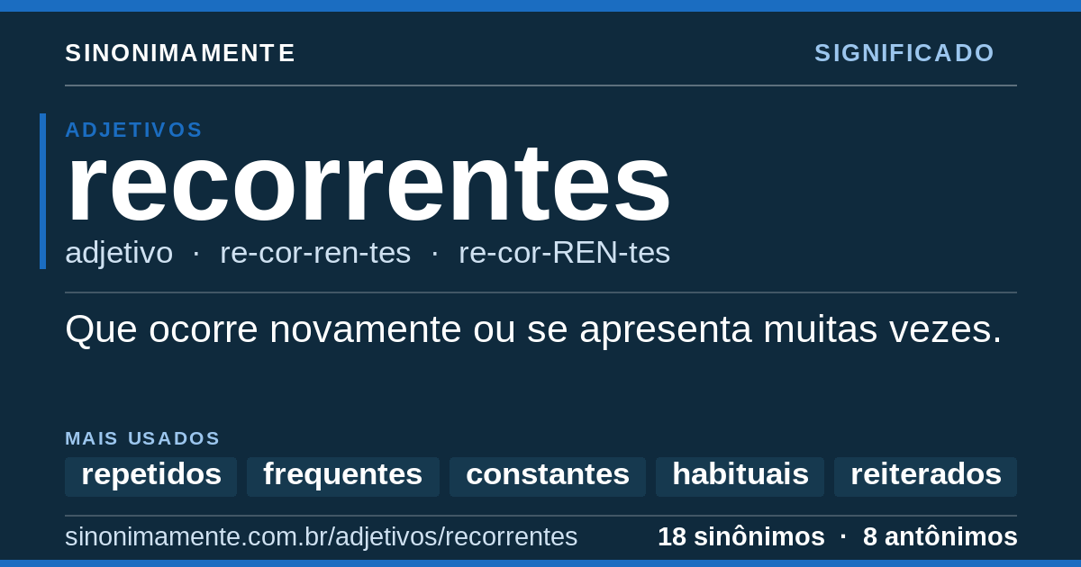 Significado de recorrentes: cartão do verbete com 18 sinônimos