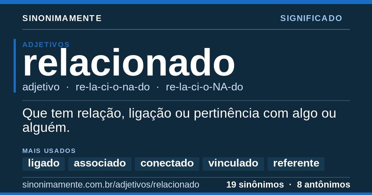 Significado de relacionado: cartão do verbete com 19 sinônimos