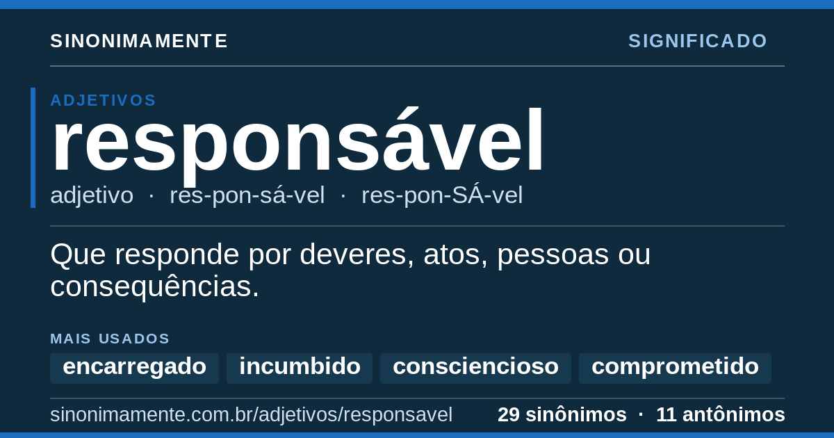 Significado de responsável: cartão do verbete com 29 sinônimos