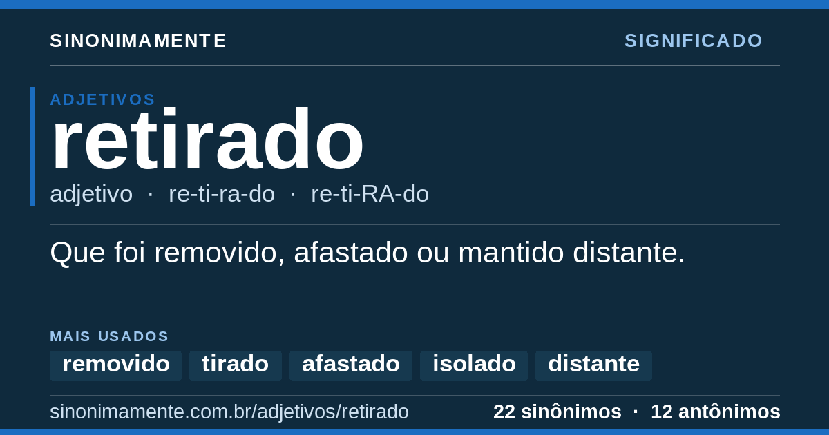 Significado de retirado: cartão do verbete com 22 sinônimos