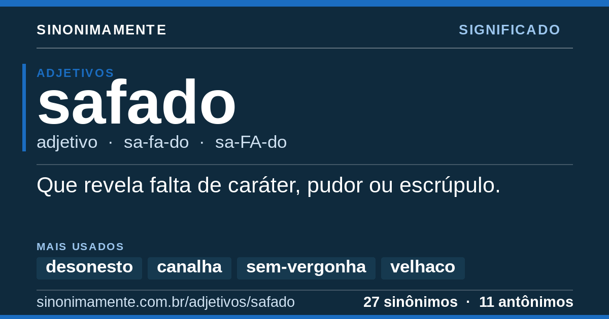 Significado de safado: cartão do verbete com 27 sinônimos