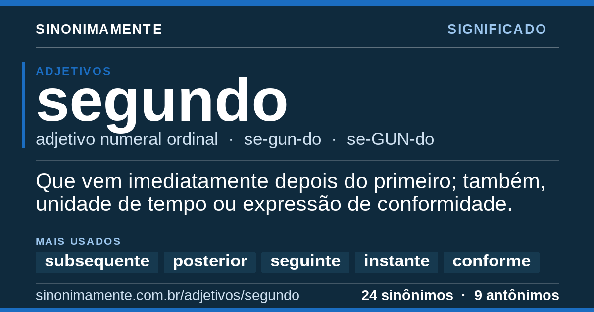 Significado de segundo: cartão do verbete com 24 sinônimos