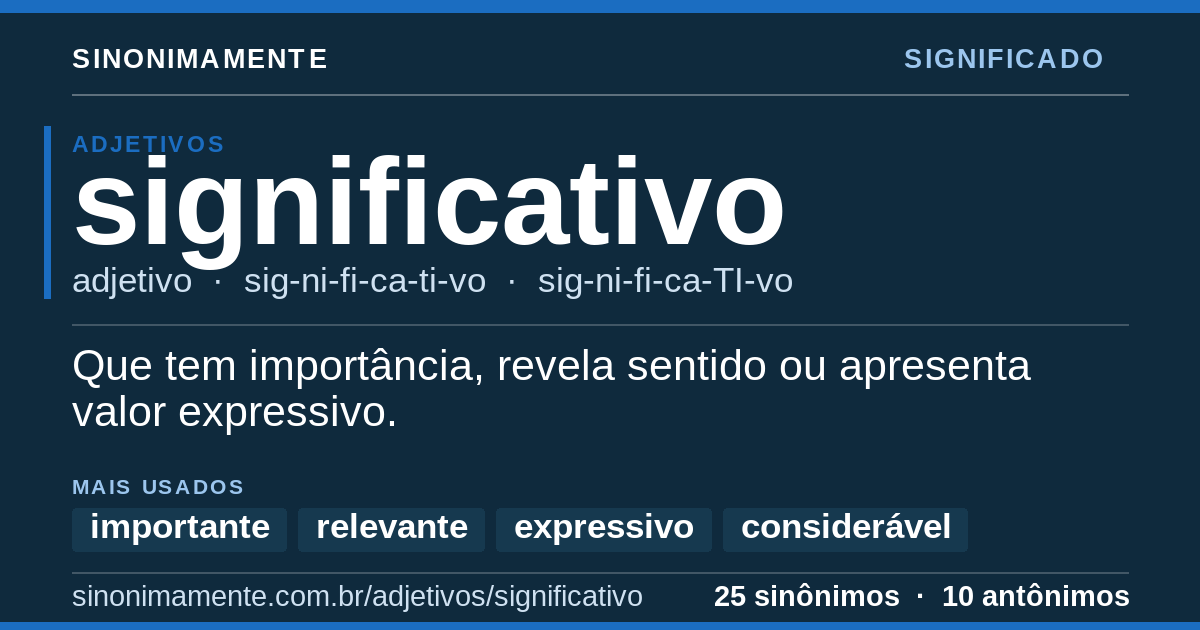 Significado de significativo: cartão do verbete com 25 sinônimos