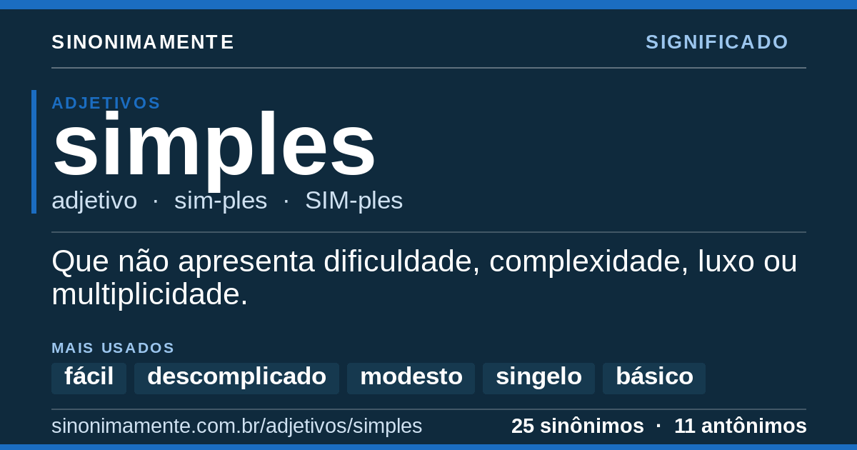 Significado de simples: cartão do verbete com 25 sinônimos