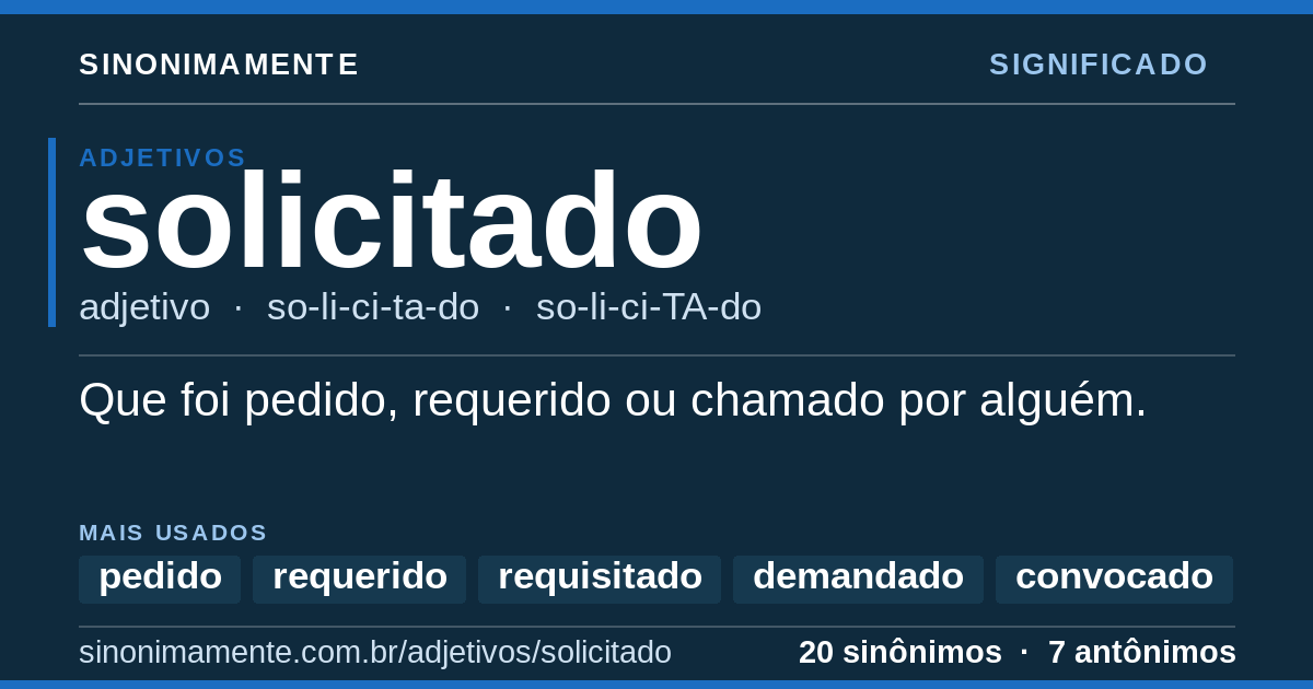 Significado de solicitado: cartão do verbete com 20 sinônimos