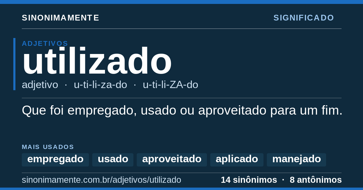 Significado de utilizado: cartão do verbete com 14 sinônimos