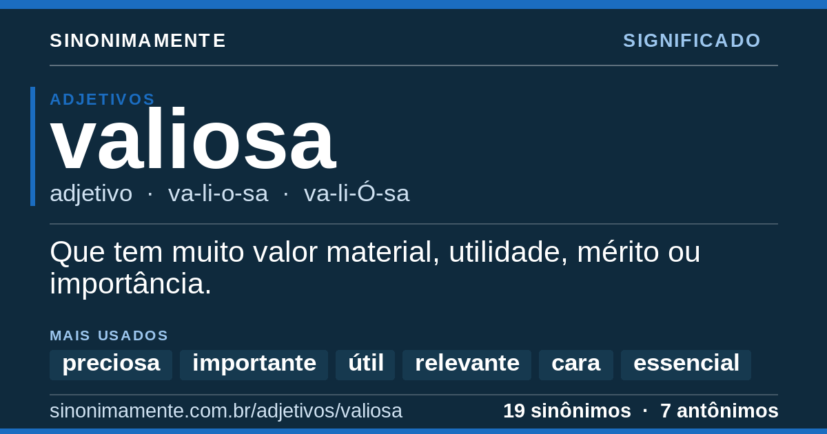 Significado de valiosa: cartão do verbete com 19 sinônimos