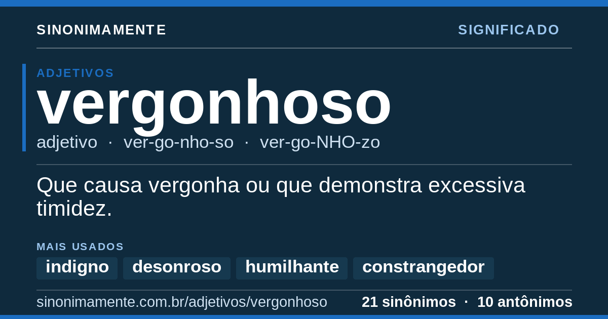 Significado de vergonhoso: cartão do verbete com 21 sinônimos