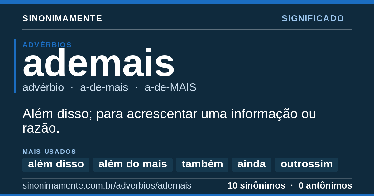Significado de ademais: cartão do verbete com 10 sinônimos