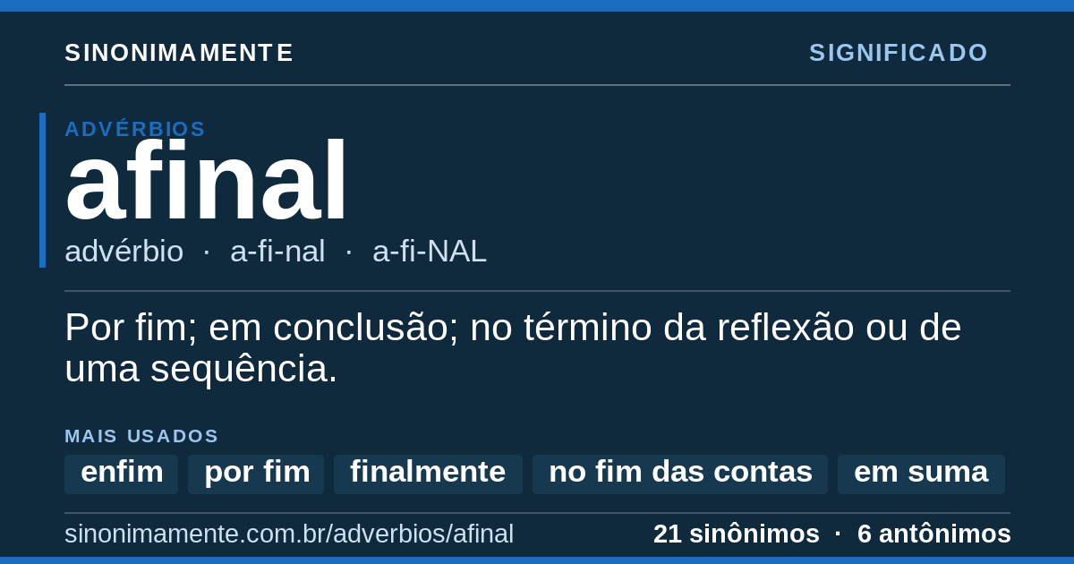 Significado de afinal: cartão do verbete com 21 sinônimos