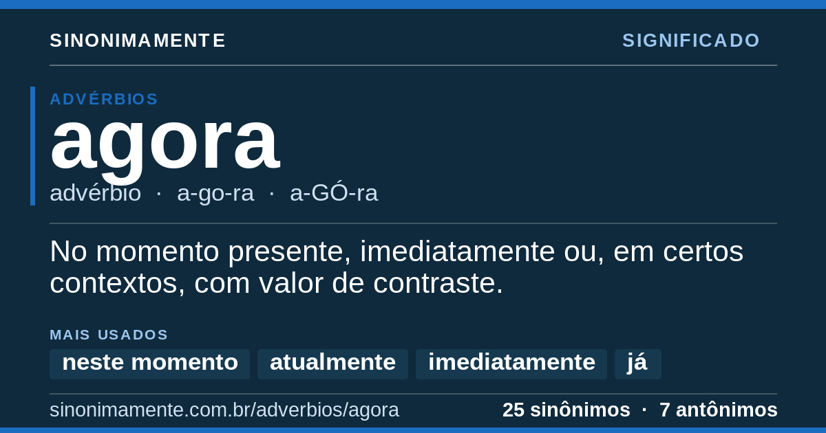 Significado de agora: cartão do verbete com 25 sinônimos
