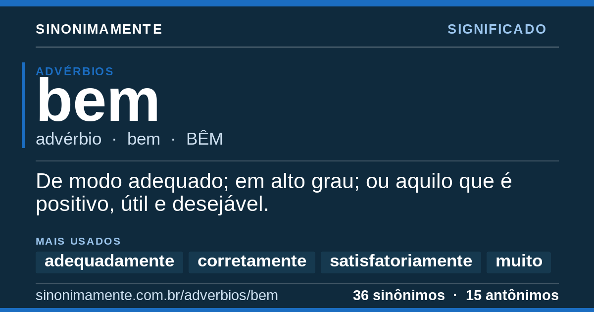 Significado de bem: cartão do verbete com 36 sinônimos