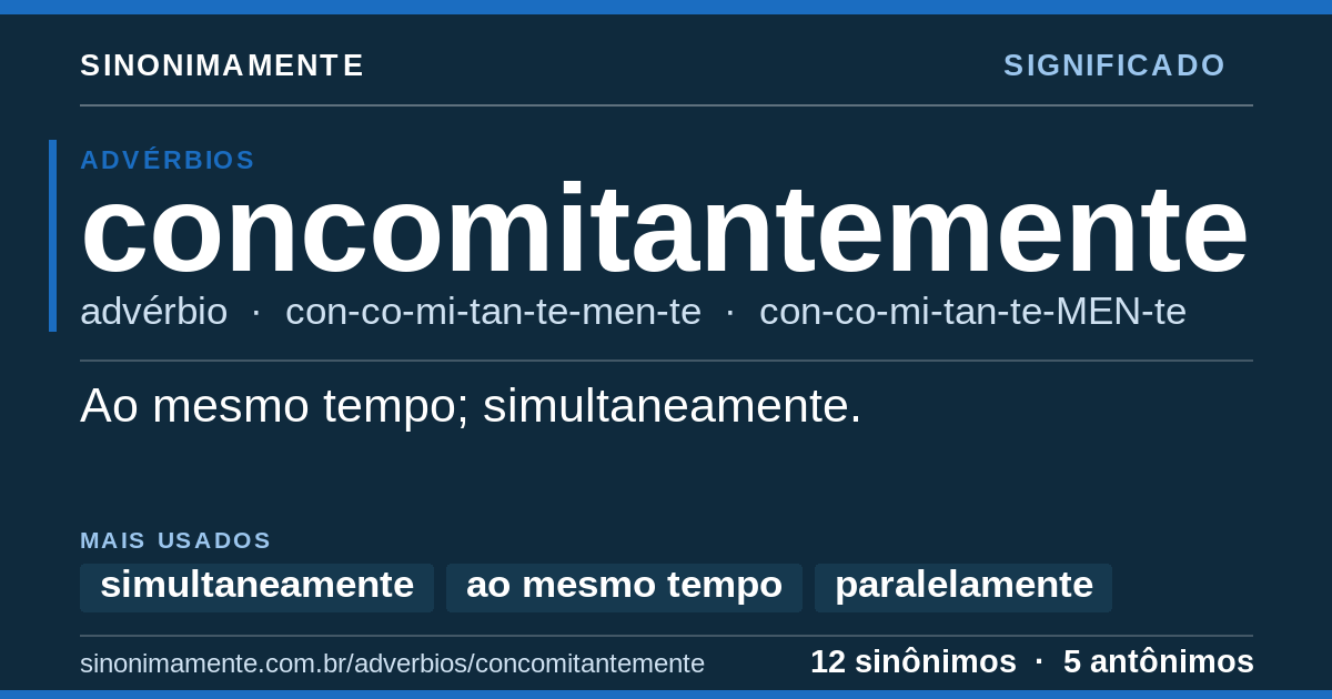 Significado de concomitantemente: cartão do verbete com 12 sinônimos