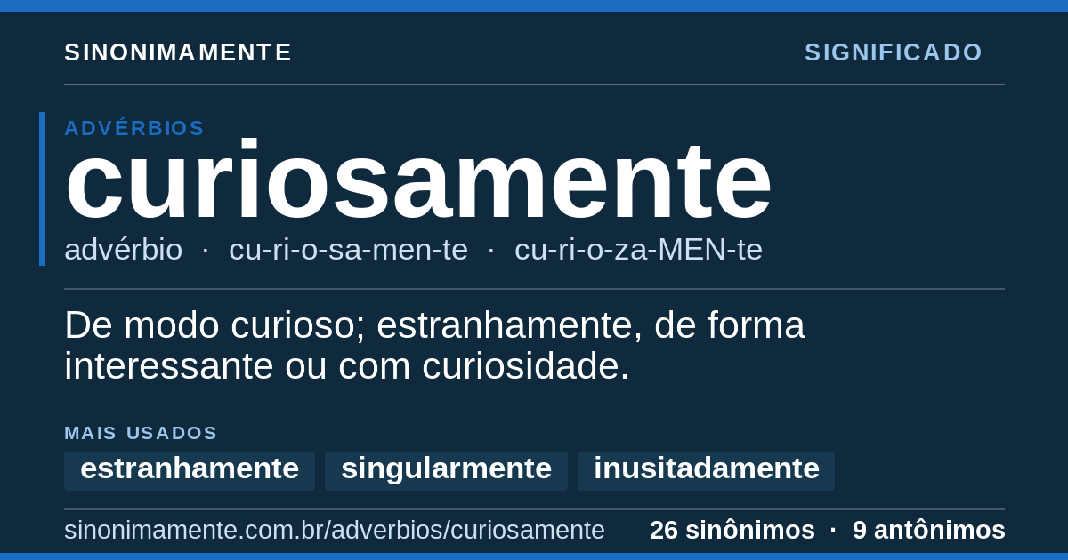 Significado de curiosamente: cartão do verbete com 26 sinônimos