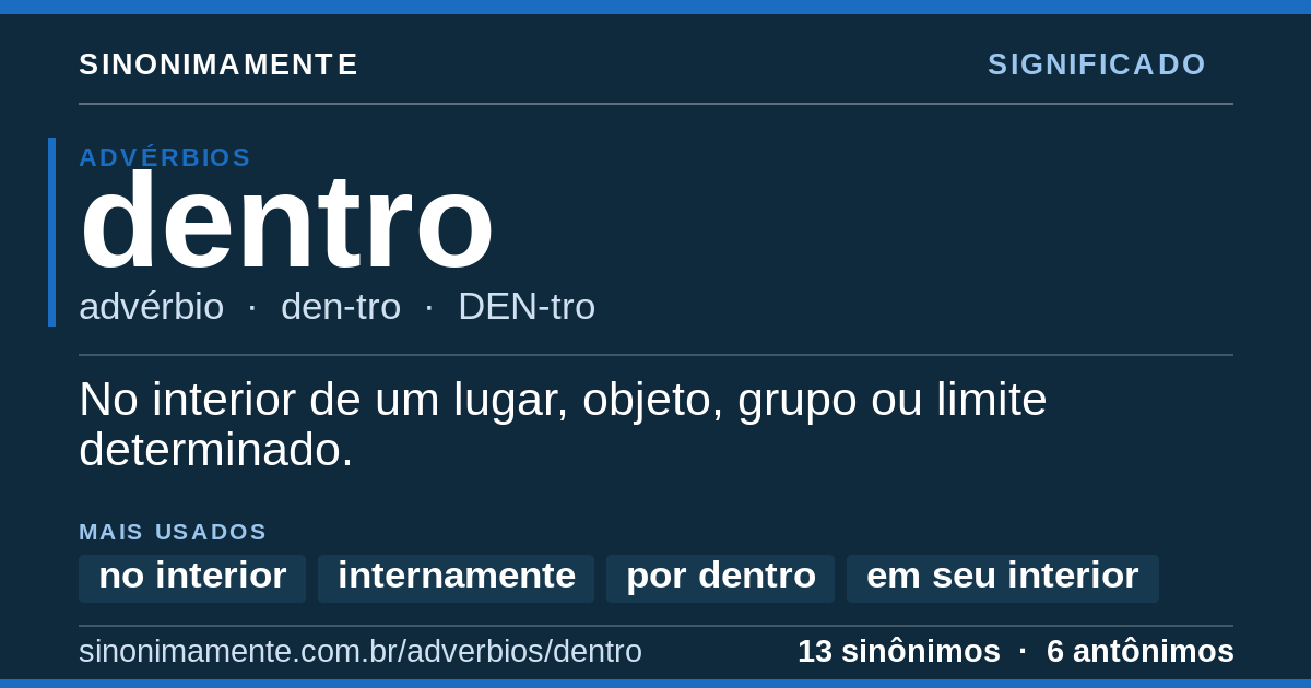 Significado de dentro: cartão do verbete com 13 sinônimos
