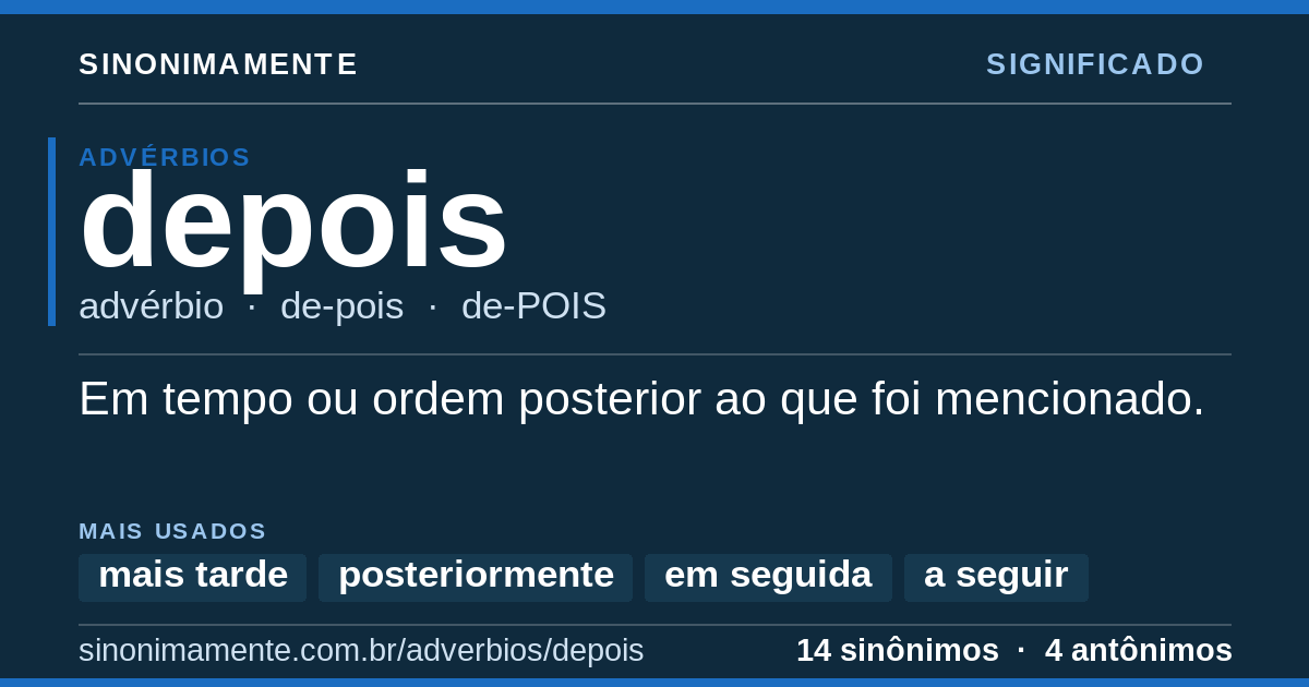 Significado de depois: cartão do verbete com 14 sinônimos