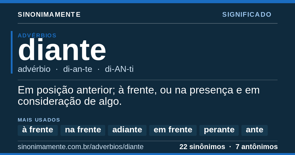 Significado de diante: cartão do verbete com 22 sinônimos