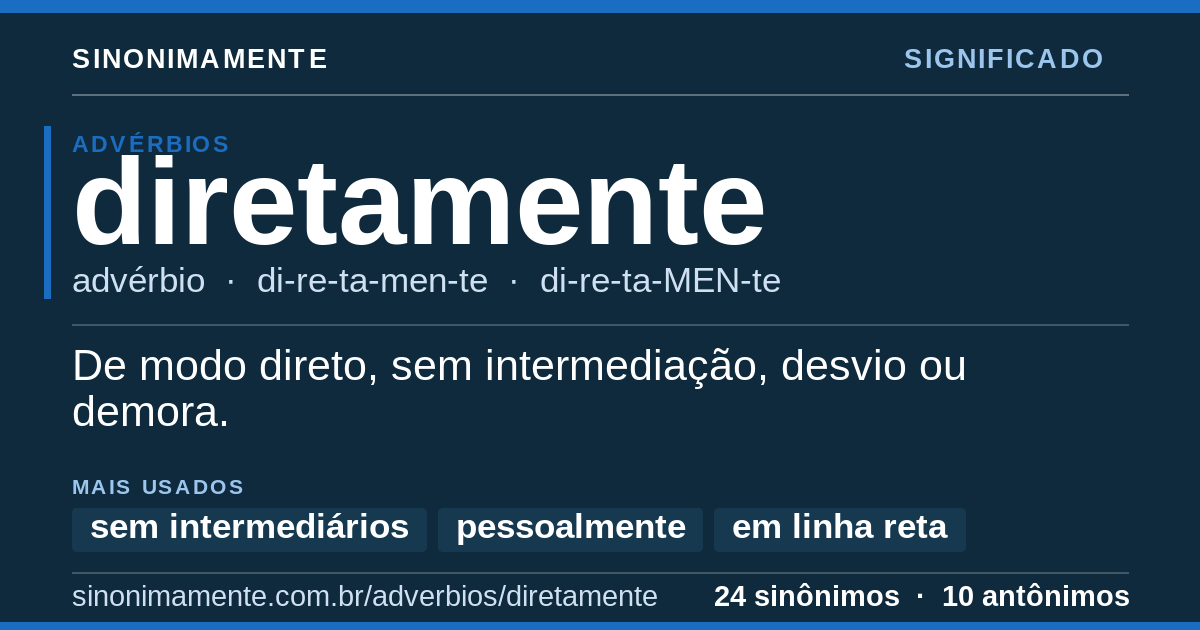 Significado de diretamente: cartão do verbete com 24 sinônimos