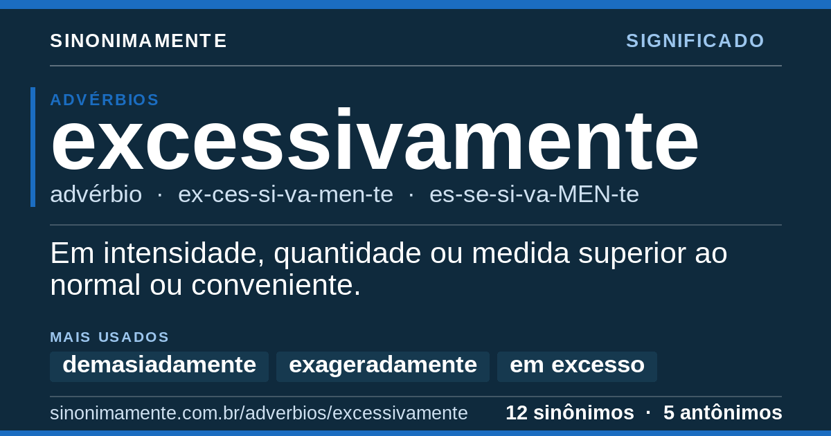 Significado de excessivamente: cartão do verbete com 12 sinônimos