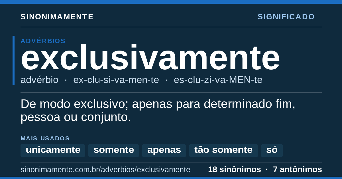 Significado de exclusivamente: cartão do verbete com 18 sinônimos