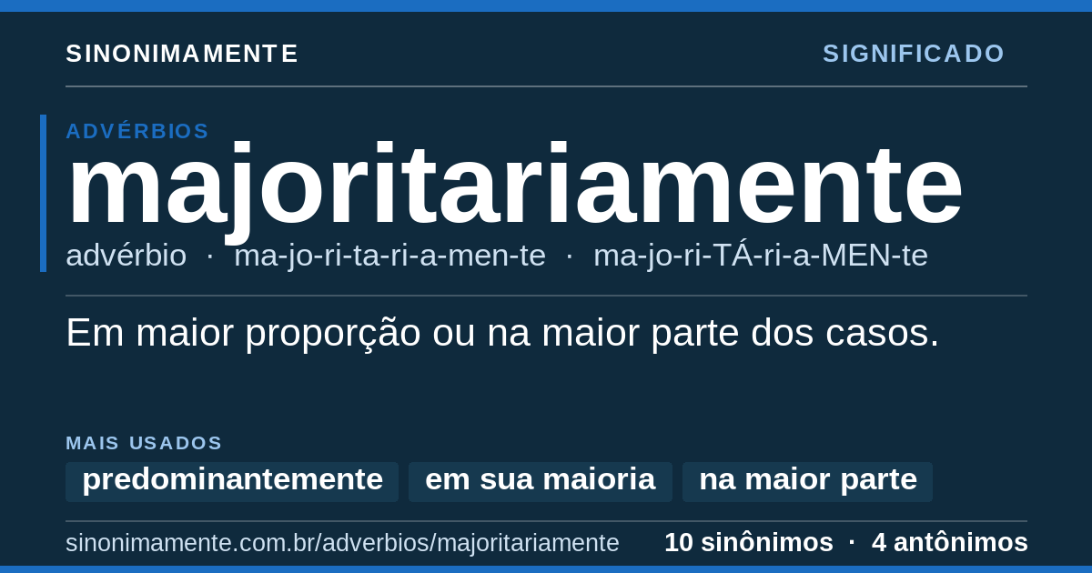 Significado de majoritariamente: cartão do verbete com 10 sinônimos