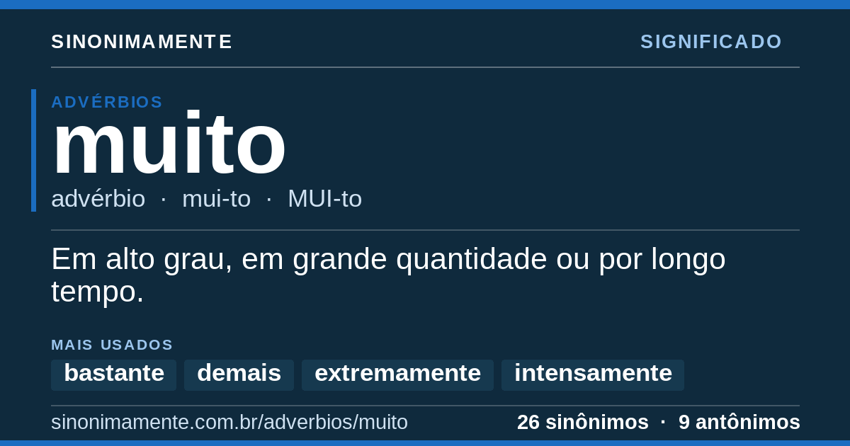 Significado de muito: cartão do verbete com 26 sinônimos