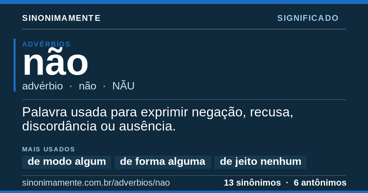 Significado de não: cartão do verbete com 13 sinônimos