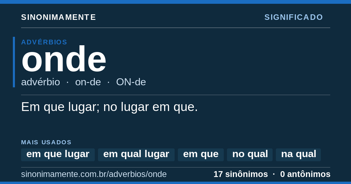 Significado de onde: cartão do verbete com 17 sinônimos