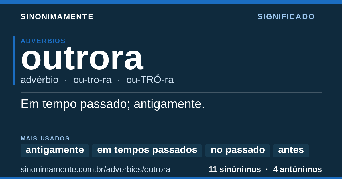 Significado de outrora: cartão do verbete com 11 sinônimos