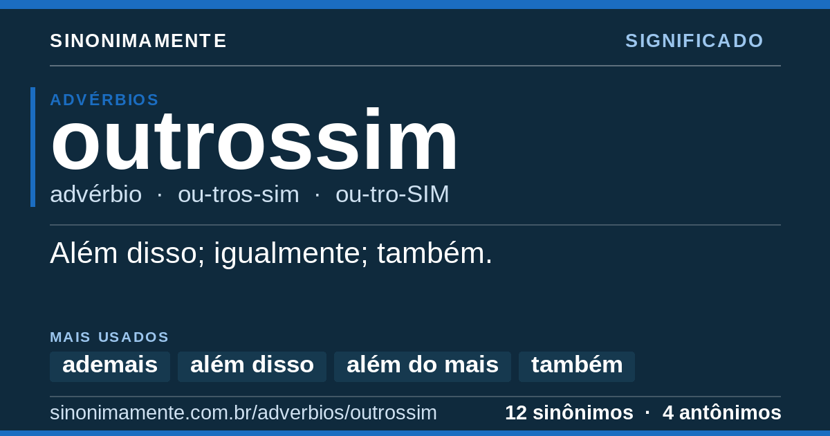 Significado de outrossim: cartão do verbete com 12 sinônimos
