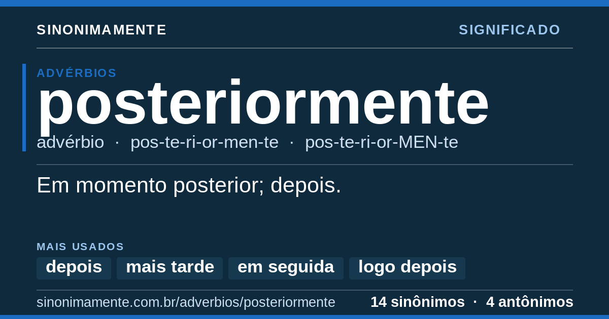 Significado de posteriormente: cartão do verbete com 14 sinônimos